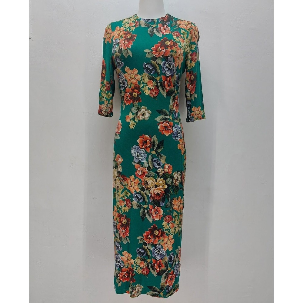 Alice + Olivia Sheath Dress Women's Floral Midi 4 Green 3/4 Sleeve Garden Spring